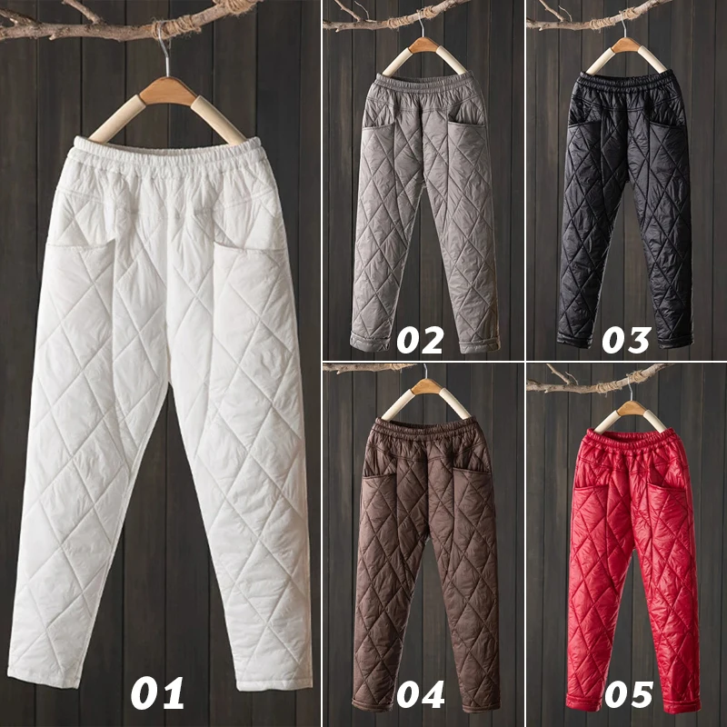 Women Winter Thick Pants Warm Harem Pants Slim Fit Plaid Padded Quilted Trousers Female Elastic Cotton Quilted Sweatpants