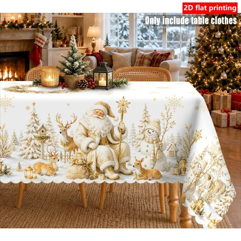1PCS Christmas tablecloth, snow forest, tree, Santa Claus, snowman, deer and sleigh printed design