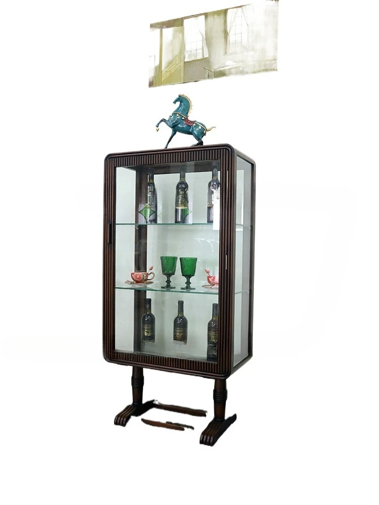 

Wood tenon and mortise glass wine cabinet, retro classic fashion old modern display cabinet, simple side cabinet against