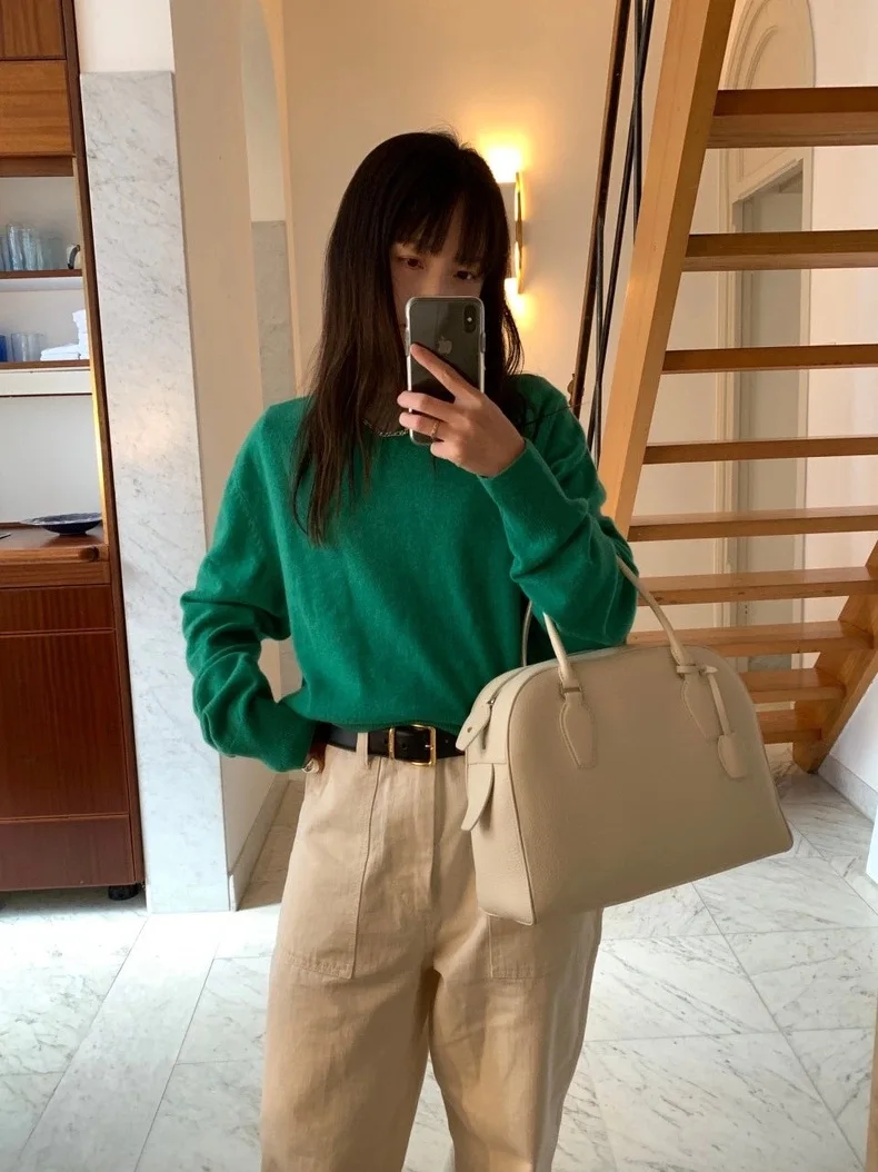

Winter New Sle Dongda Gate Leobe Pure Color Simple V-Ne Overhead Long Sve Knitted Sweater Women's Mid-Thi Wool Blend