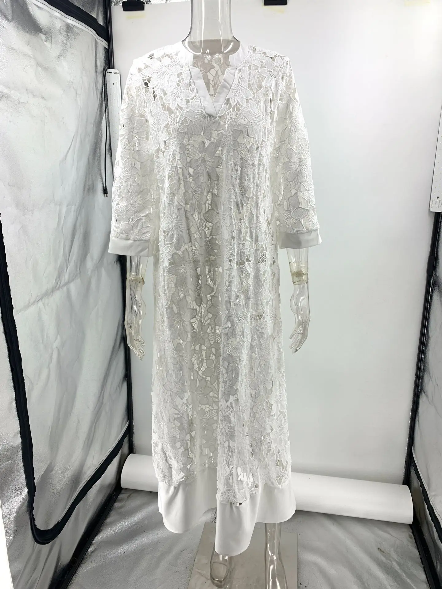 2024 Autumn Women White Embroidery Jacquard Lace Crochet Dress Sexy V Neck Hollow Party Dress Flare Sleeve Bohemian Long Robes