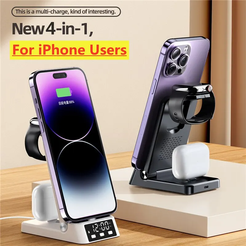 4 In 1 Wireless Charger Stand Pad Alarm Clock Foldable Fast Charging Station Dock for iPhone 14 13 12 11 Apple Watch Airpods Pro