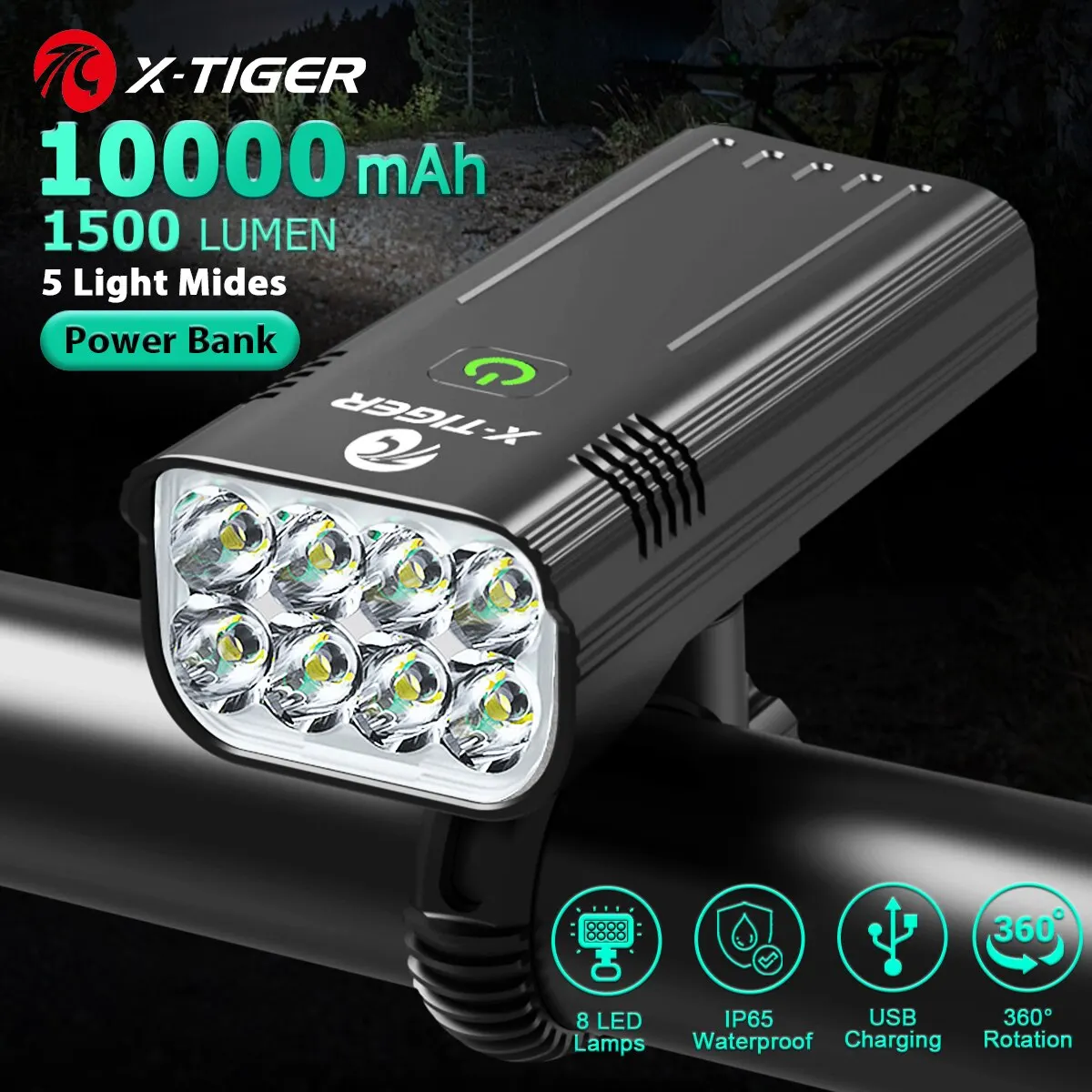 X-TIGER Bike Light Set Powerful USB Rechargeable Bright 10000mAh Bicycle Front Lights IPX5 Waterproof Front Lamp Cycling