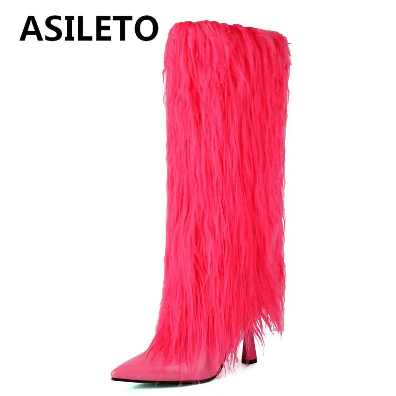 

ASILETO 2024 New Sexy Women Fringe Boots Pointed Toe Thin Heels Slip On Plush Plus Size 44 45 46 Fashion Party Dancing Booties