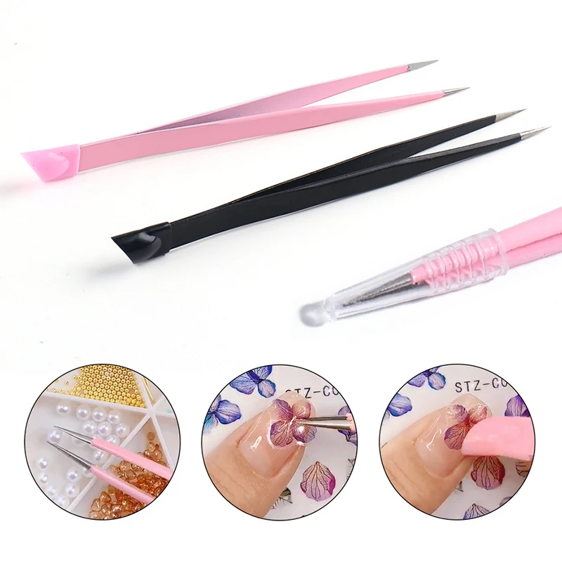 Double Ended Silicone Nail Art Tweezers With Pressing Head Nail Stickers Rhinestones Pick Up Clip Eyelash Extension Makeup Tools