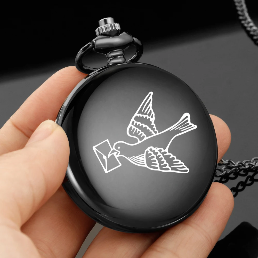 Flying pigeons carry messages design carving english alphabet face pocket watch a chain Black quartz watch birthday perfect gift