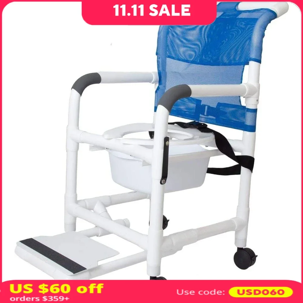 Shower Chair, Place Over Toilet with Mesh Seat, Locking Casters, Seat Belt, Slide-Out Footstool and Commode,Rolling Shower Chair