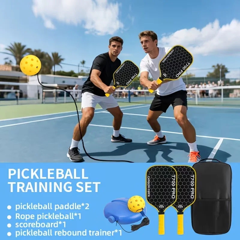 T700 Carbon Fiber Pickleball Paddle Set | 2 Paddles, Carry Bag, Blue Rebound Trainer & Tethered Pickleball image 3