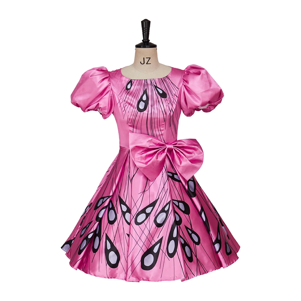 Princess Cosplay Costume Pink Dress With Bow Tie Printed Peacock Feathers Dress Girl Women Halloween Carnival Clothing