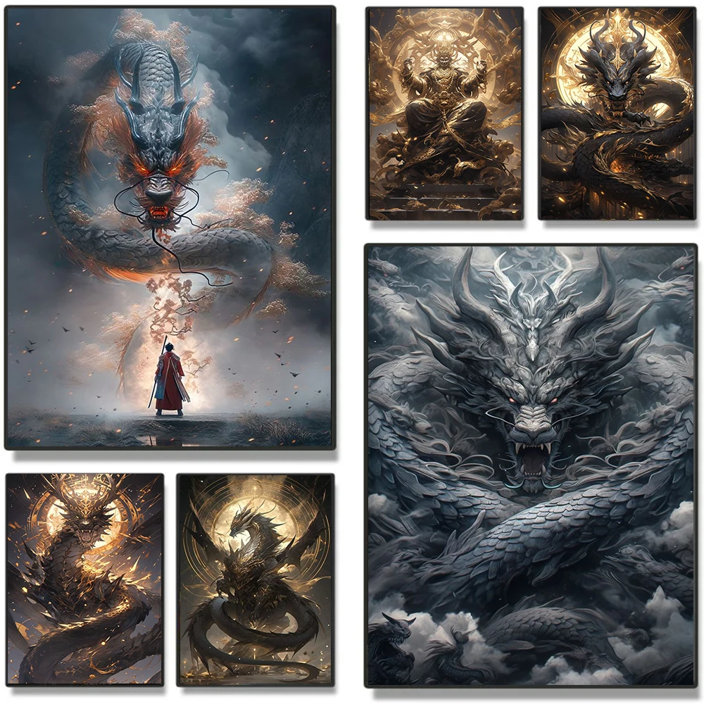 Cool Dragon VS Samurai Anime Golden Buddha Art Canvas Painting, carteles estéticos, impresiones, imágenes de pared de dibujos animados para dormitorio, decoración del hogar