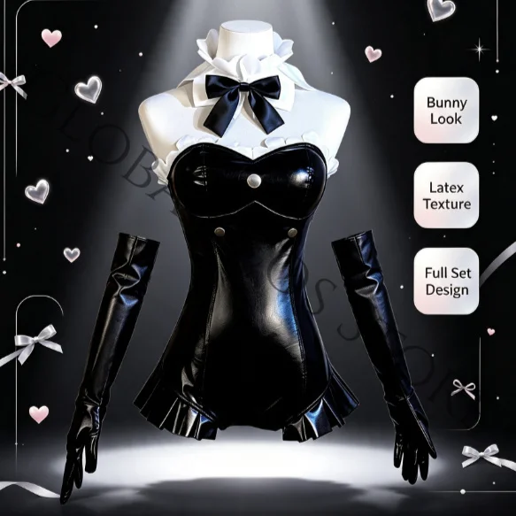 Anime Re:Zero − Life in Another World Rem Cosplay Night Wizard Costume Black White Bunny Girl Latex Bodysuit Gloves Set Women - view 5