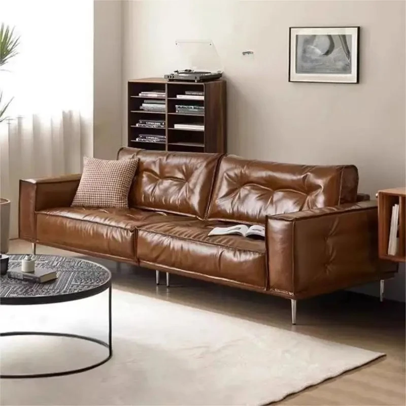 Medieval oil wax retro leather sofa first layer cowhide living room small apartment designer French sofa combination