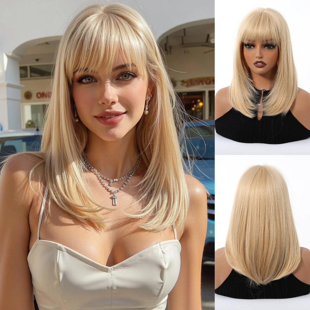 Blonde Brown Ombre Long Straight Synthetic Wig with Bangs
