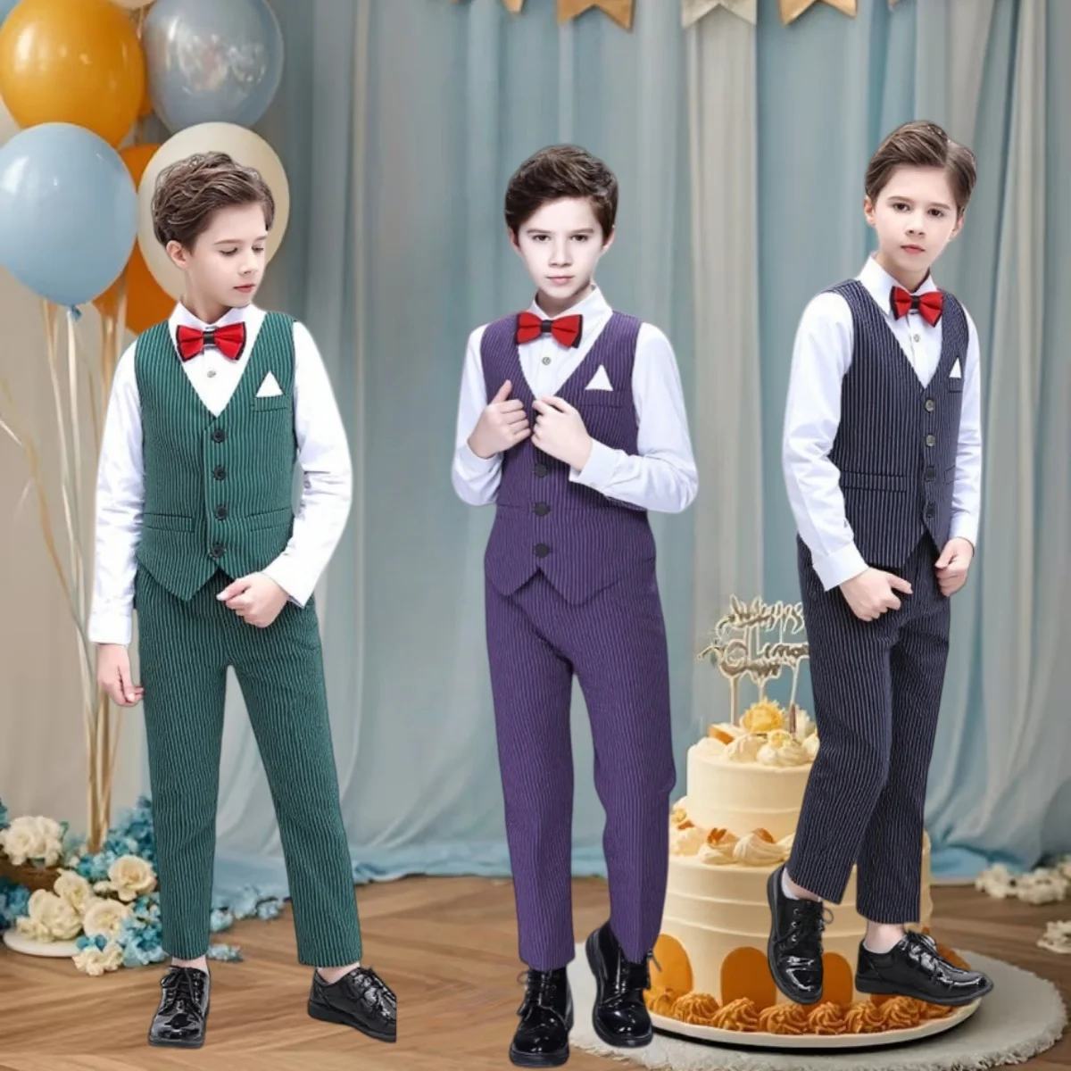 Russischer Jungenanzug in Lila mit Streifen, 3-teilig, Weste, Hose, Fliege, Fotografie-Outfit, Kinder-Hochzeits- und Geburtstagsanzug, Kinderkostüm, Größen 90-170