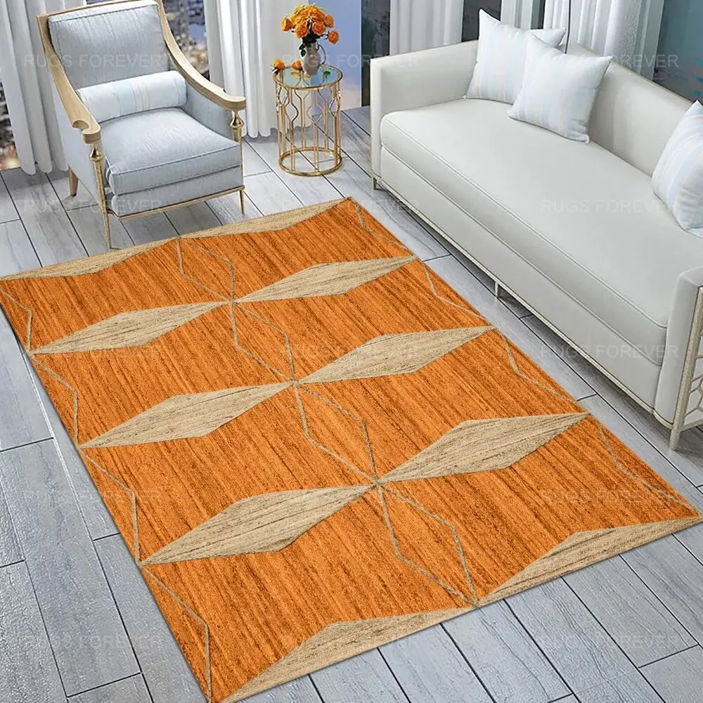 Handmade Jute Carpet Hallway Orange Kilim Living Room Mat Bedroom Area Rug