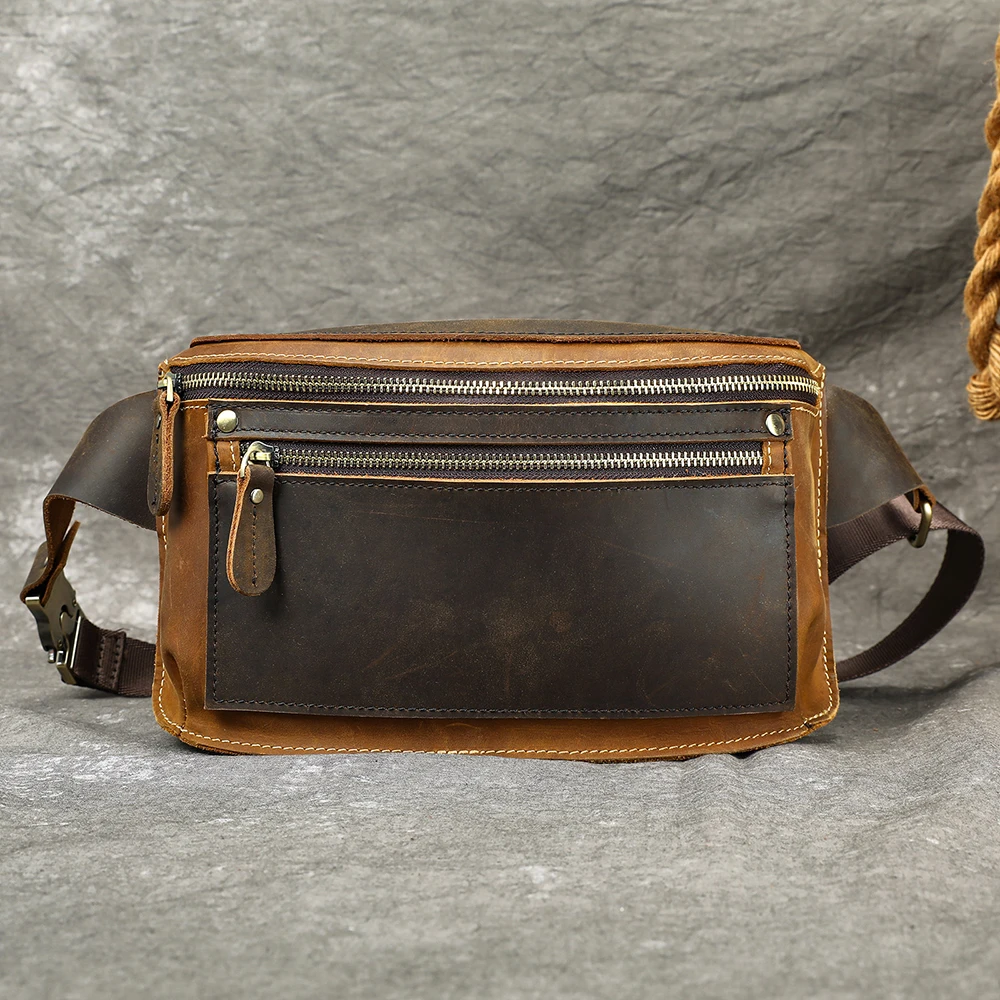 Genuine leather crossbody bag, adjustable shoulder strap, multi-layer zipper storage, recommended portable bag for men
