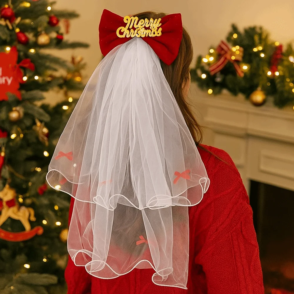 

Creative Red Christmas Veil Headband Velvet Hair Band Christmas Head Gauze Photo Props Head Covering Bow Veil Hair Clip