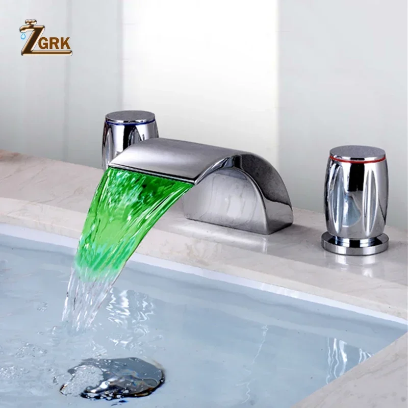 

Three Hole Basin Taps LED Temperature Control Faucet Hot and Cold Split Bathroom Sink Faucet Waterfall Double Handle Led Faucet