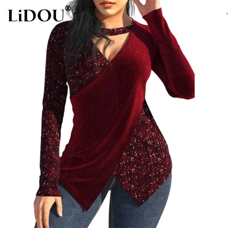 

Spring Autumn V-neck Sequins Spliced Halter Tee Female Long Sleeve Streetwear Irregular Pullover Top Women Harajuku Y2K T-shirt