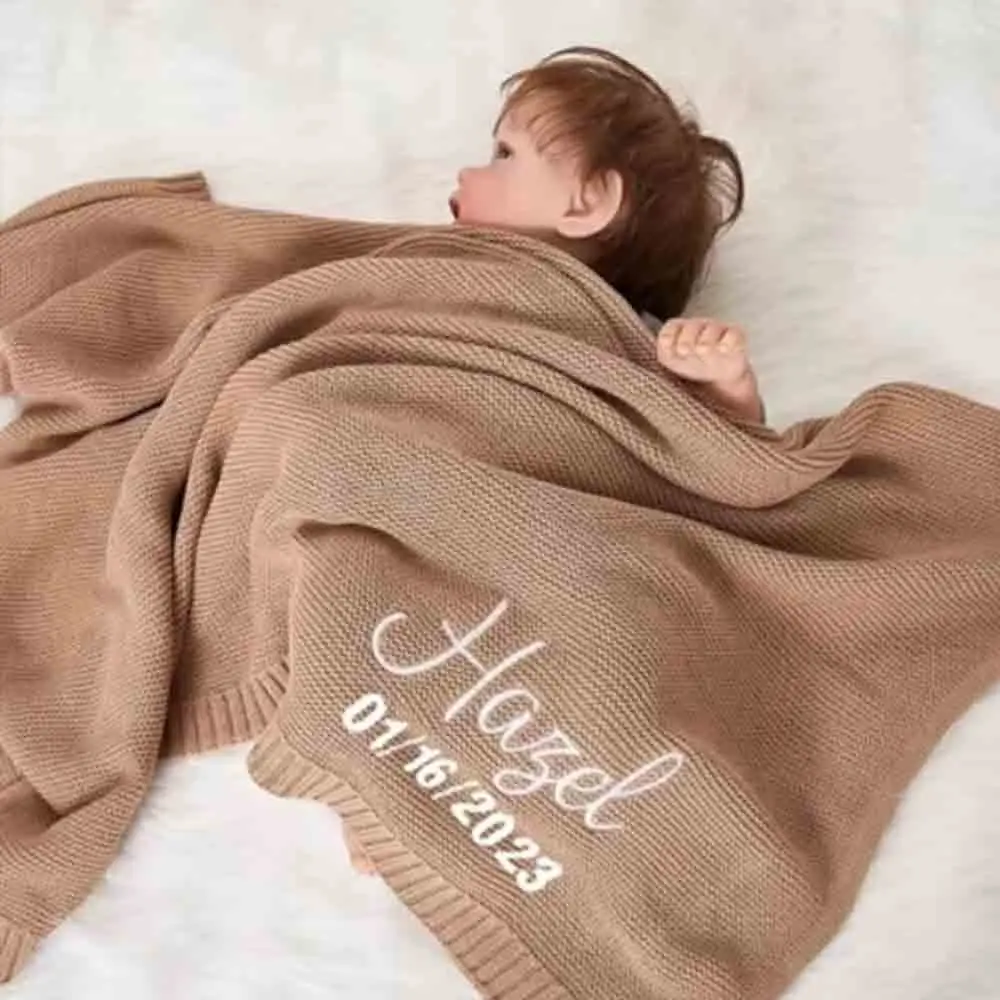 Embroidered Name Knit Blanket, Knitted Baby Name Blanket, Custom Baby Name Blanket,Personalized Name Pink Baby Blanket for Girls