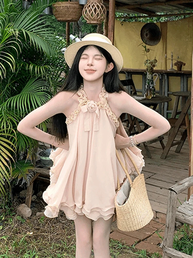 

XZY Sweet Pure Desire: Женское летнее платье с деревянным воротником, пышной талией, повседневное, для работы, с завышенной талией