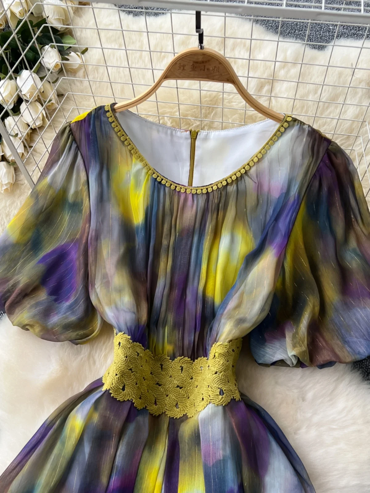 Ofallsis French Style O neck Lace Embroidery Lantern Sleeves Dress 2024 Summer New Waist Slim Tie Dye Chiffon Big Swing Dresses