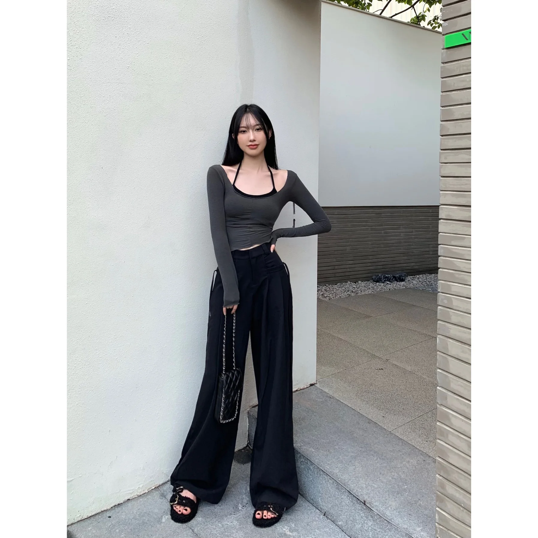 

Women High Waist Wide Leg Pants Grey Hot Girls U-neck Long Sleeve T-shirt For Women's 2022 Autumn Slim Short Bottomed Shirt Top