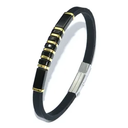 Fashion Men 6mm Wide Black 304L Stainless Steel Silicone Adjustable Soft Bracelets For Birthday Gift Jewelry