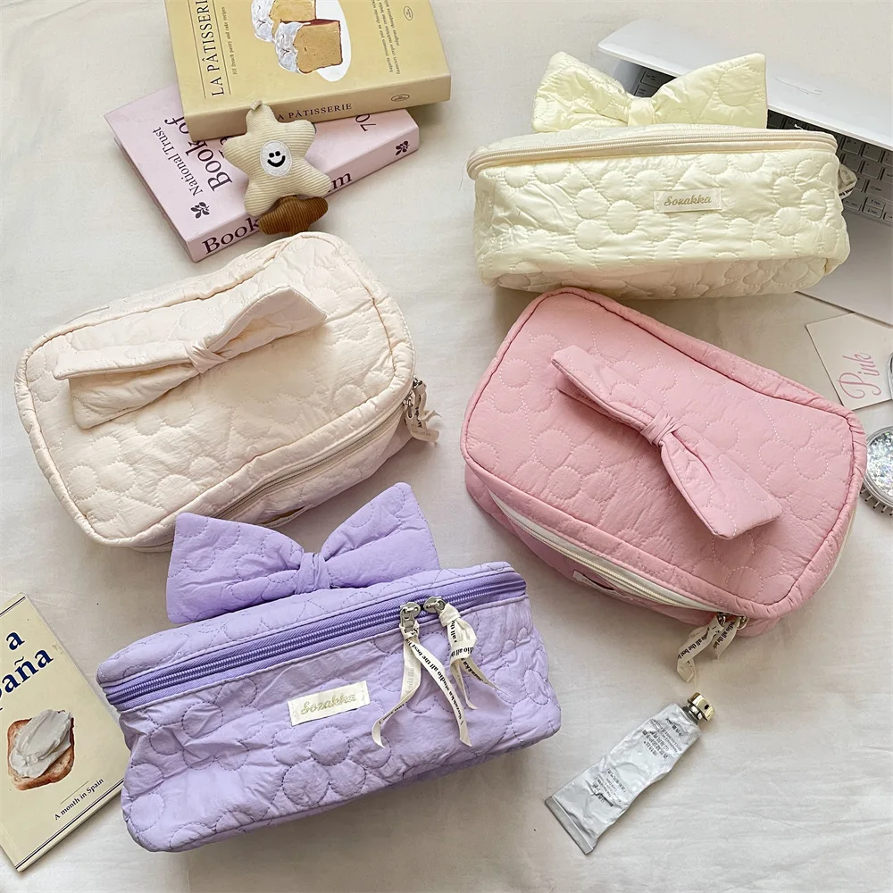 Women Quilted Makeup Bag Bow Decor Cosmetic Pouch Female Sweet Zipper Storage Organizer Handbag With Ribbon Pull For Travel