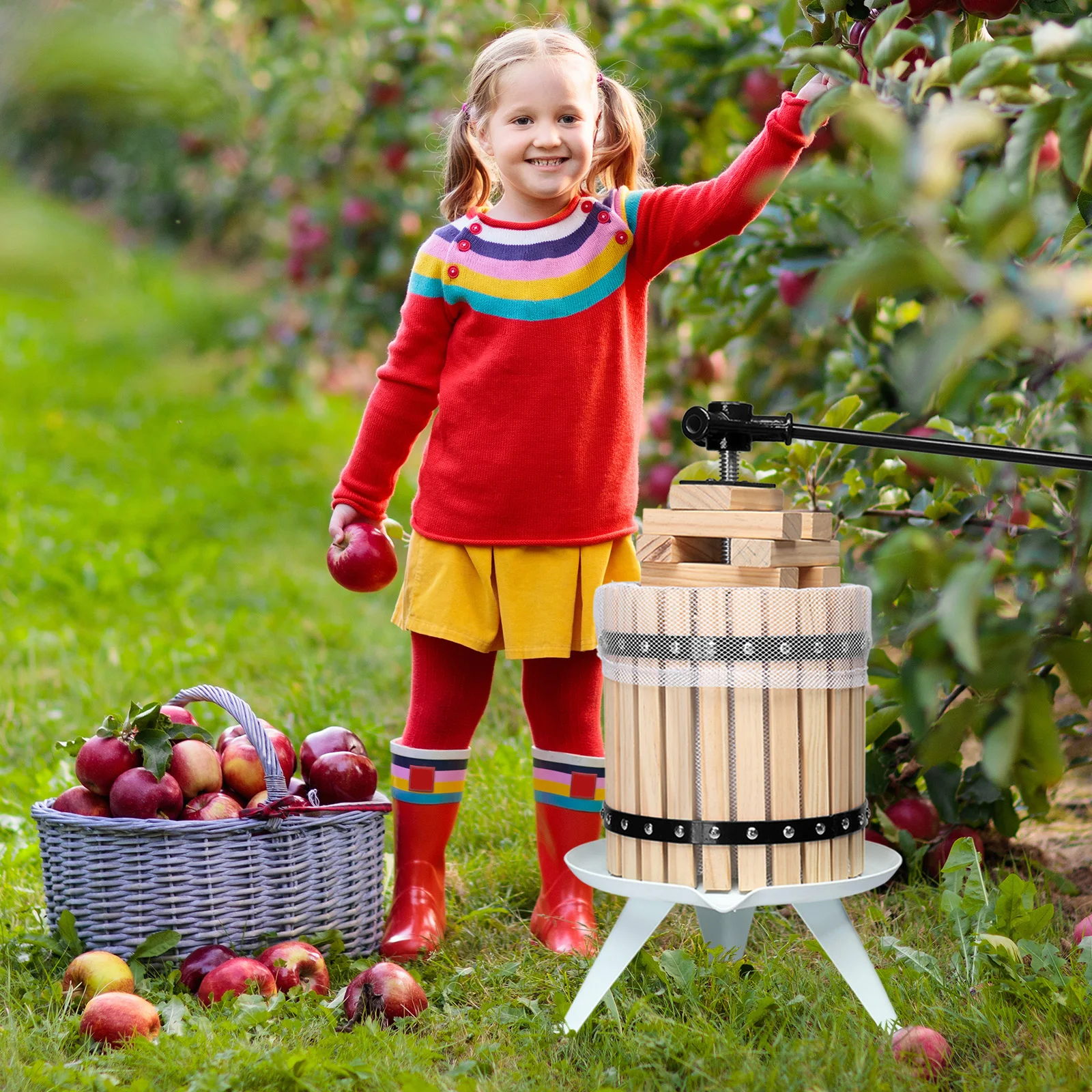 Prensa de vinho de frutas de 3.17 galões, cesta de madeira para fazer vinho com 6 blocos, triturador manual de suco de uva de maçã de sidra de 12 litros