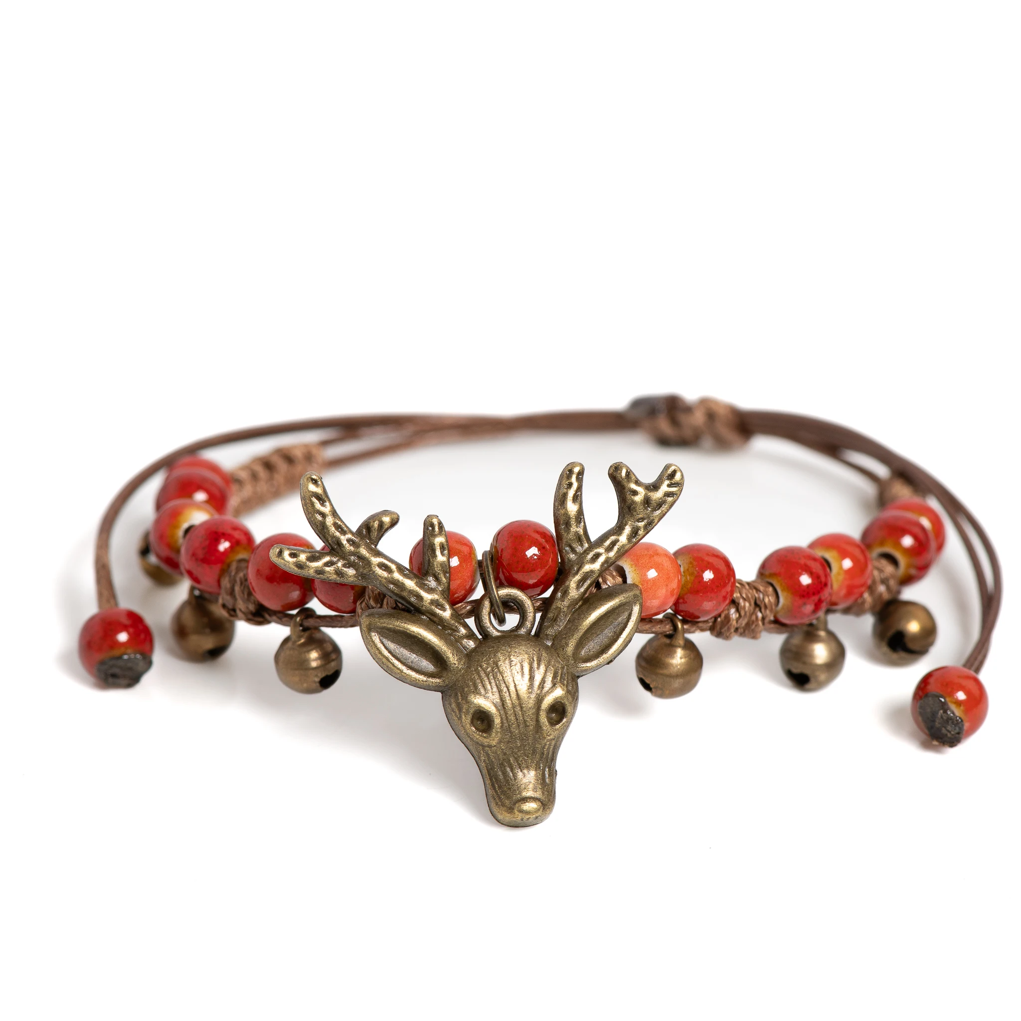 Deer Head Crackle Ceramic Bracelet Adjustable Handmade Braided Jewelry Boho Rustic Style Unique Gift for Women 1190