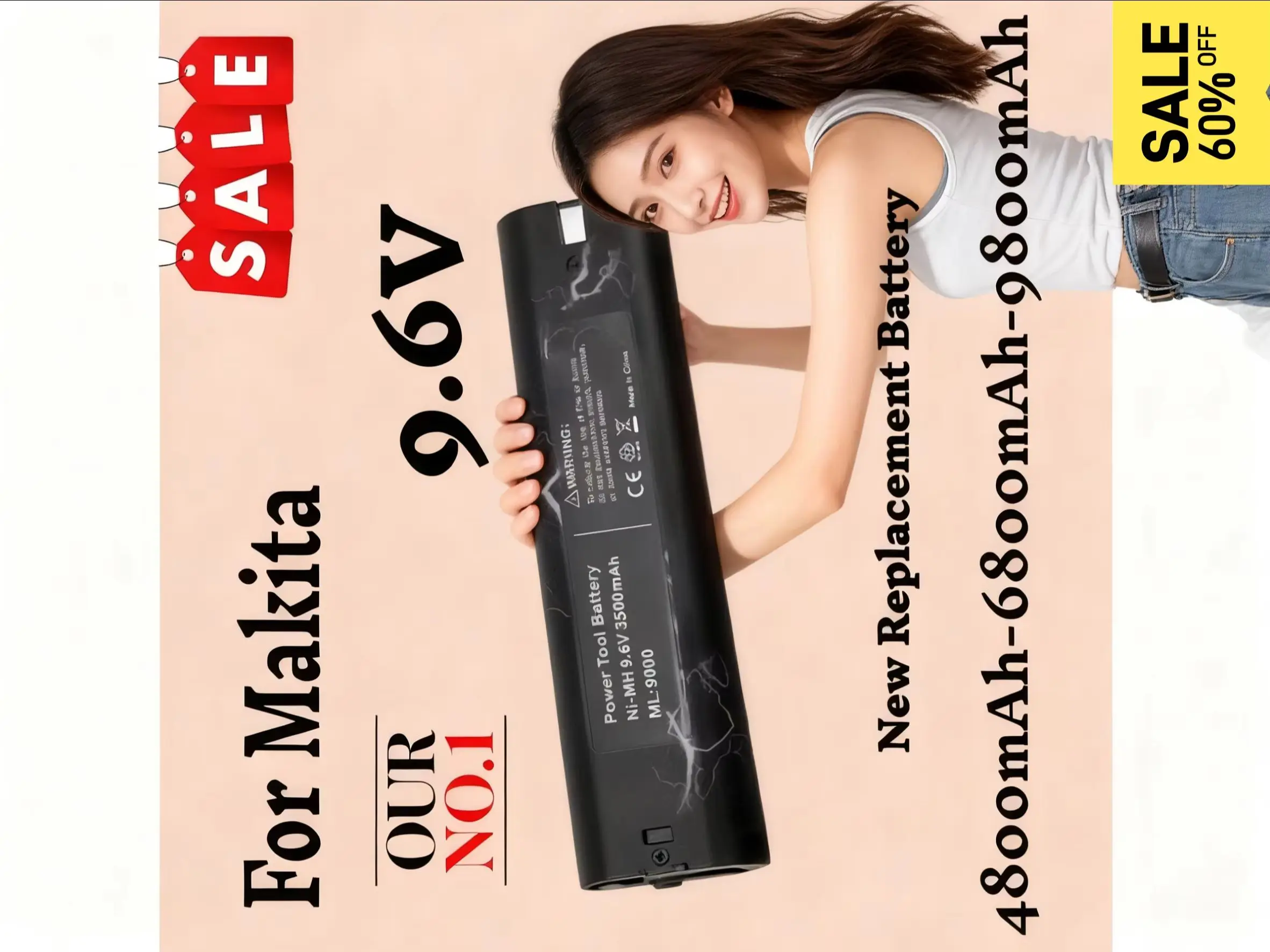 9.6V 4.8Ah Ni-MH Battery For Makita 9000 Series 9001 9002 9033 9600 - Replacement for 193890-9 192696-2