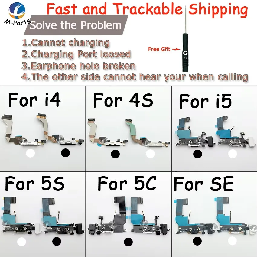 Charging Port Dock Flex For iPhone 4 4S 5 5S 5C SE White Black High Quality With Free Gift