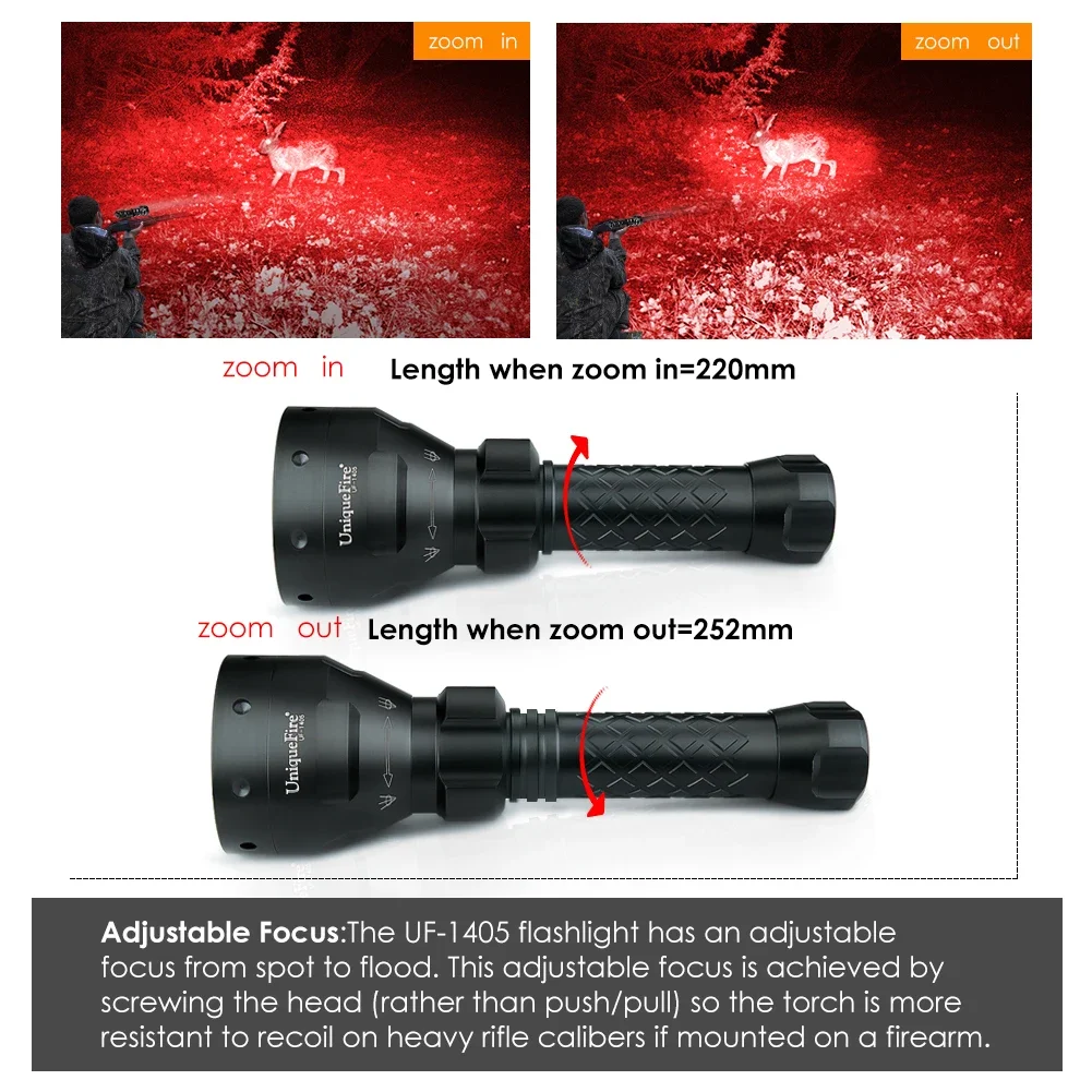 UniqueFire 1405 Red Light LED Flashlight High Power Red Beam Hunting Light Zoom 3 Mode Long Range Torch for Astronomy Aviation