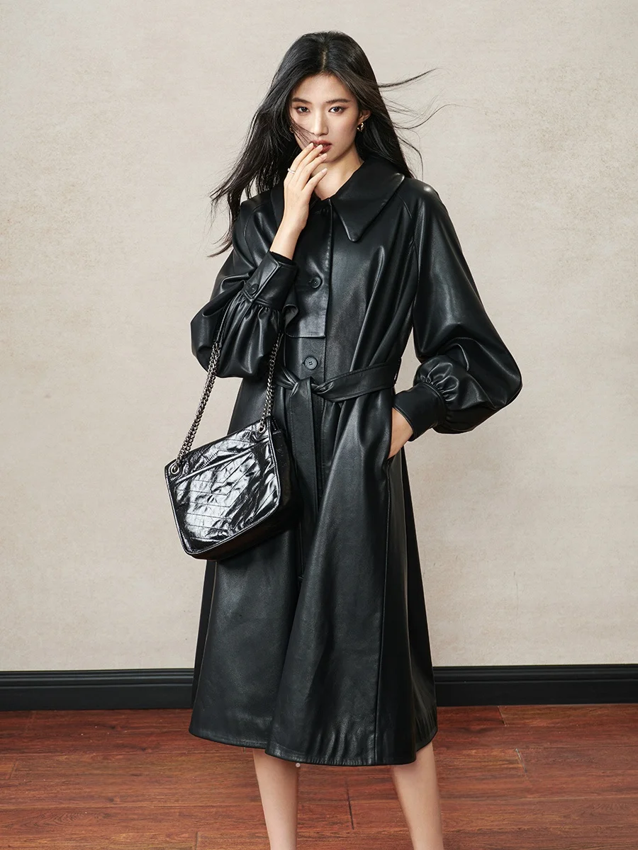 Casaco Longo de Couro Kiki Bla para Mulheres, Moda de Primavera, Comprimento Médio, Fibra de Poliéster