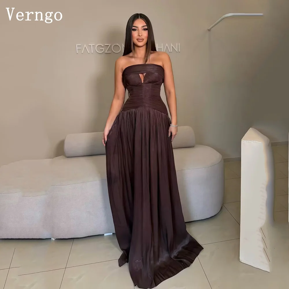 

Verngo Brown Shiny Satin Evening Dress Strapless A Line Maxi Prom Gowns Pleated Women Elegant Party Dress Customized