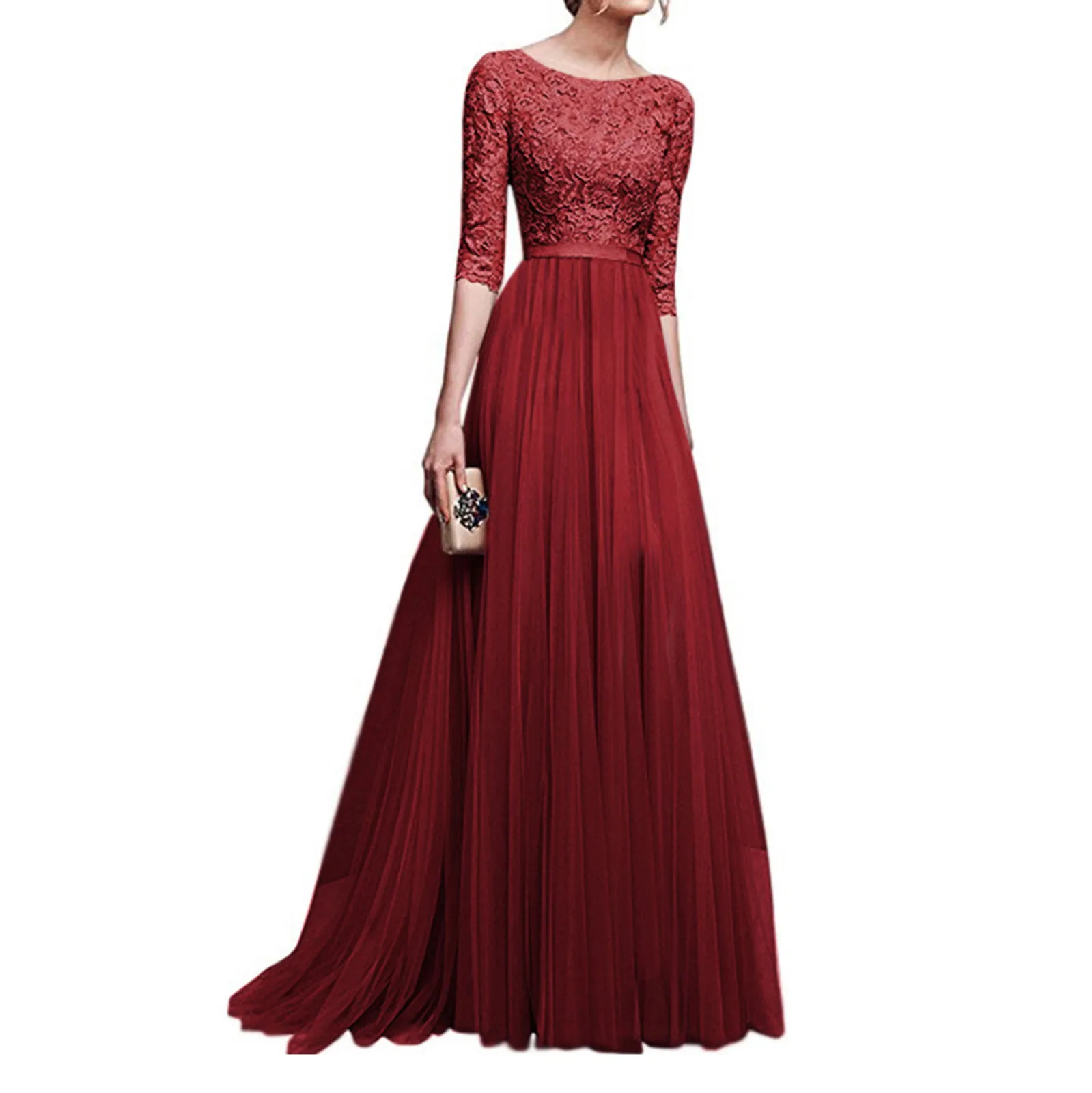 Women Prom Party Dress Round Neck Lace Flower Embroidery Half Sleeve Tight Waist Floor Length Pleated Lady Maxi Evening Dress