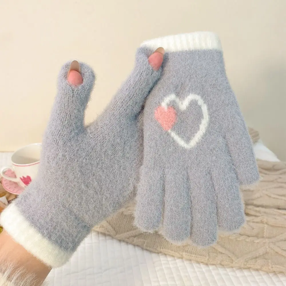 Cute Heart Gloves Finger exposed Comfortable Warm Gloves Thickened Warm Full Finger Gloves Girl