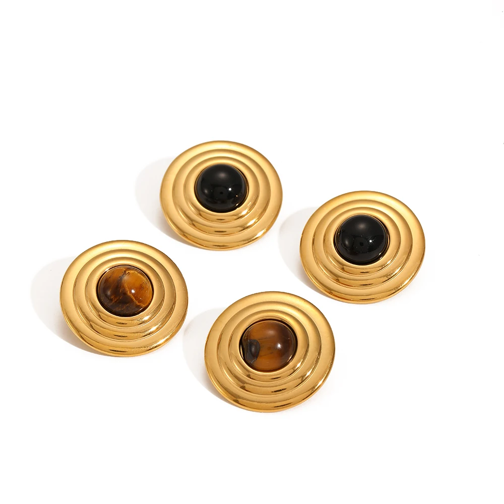2025 Neues Design Naturstein Edelstahl Runde Ohrstecker für Damen 18k Vergoldet Wasserdichter Schmuck Geschenke – Detail 3