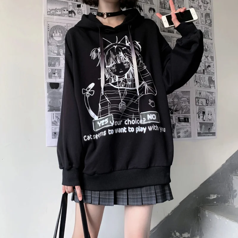 Japanese White Anime Print Long Sleeve Sweatshirt Women Preppy Style Pullovers Loose Sudaderas Kawaii Hooded Tops Y2k Spring