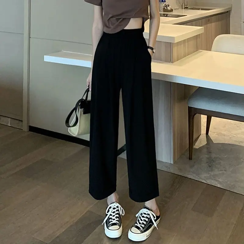 Spring Autumn Women\'s Clothing Casual Elastic High Waisted Pockets Solid Color Fashionable Retro Straight Vintage Trousers Pants