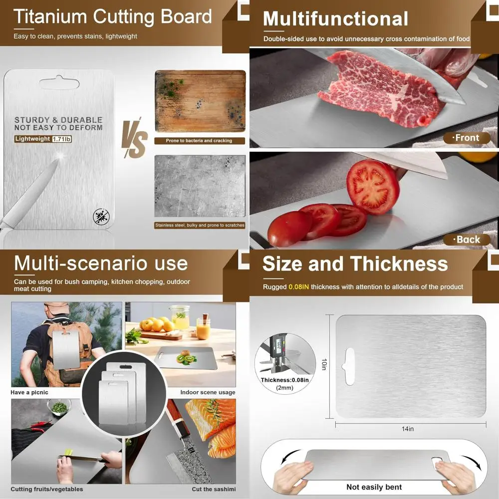 

Pure Titanium Double-Sided Kitchen Cutting Board - 100% Medical Grade, Easy Clean, 10x14x0.08 inches for Home & Outdoor Use
