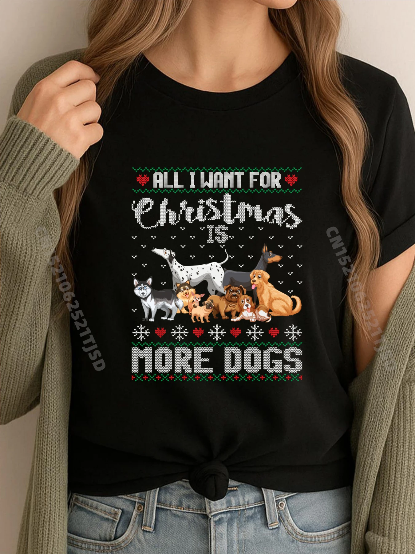 

All I Want For Christmas Is More Dogs Ugly Xmas Sweater Pink Graphic Tees Adult Cotton T Shirt Woman Illustration