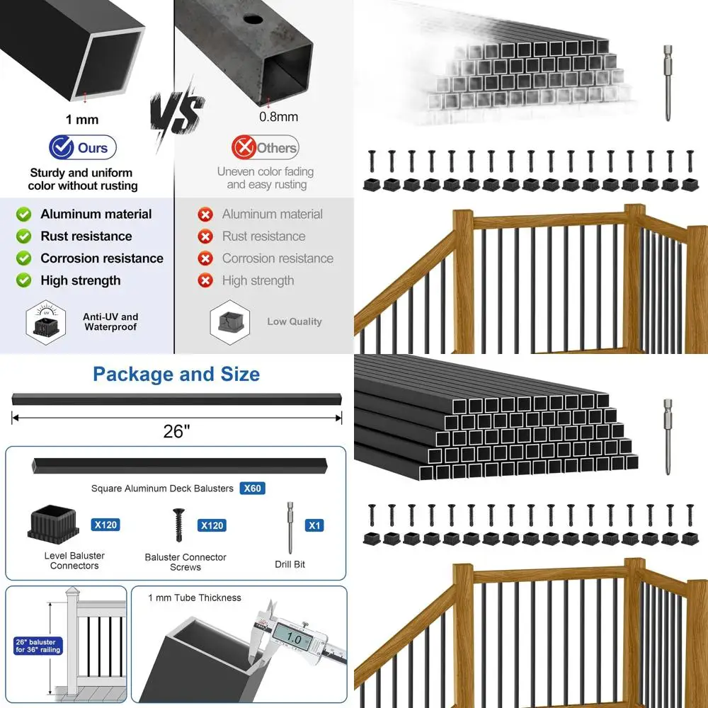 

26 Square Hollow Metal Deck Balusters, 3/4 Black Spindles, UV-Resistant for Porch Railing Systems