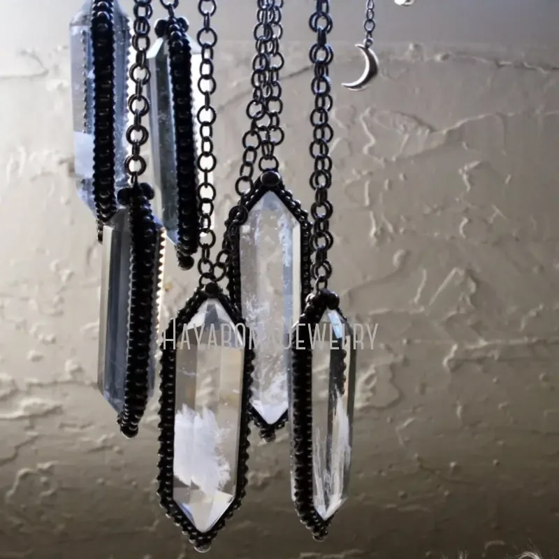 

10pcs Large Clear Quartz Crystal Necklace Gunmetal Stainless Steel Chain Talisman Witch Wicca Goth Pendulum Obelisk Jewelry Boho