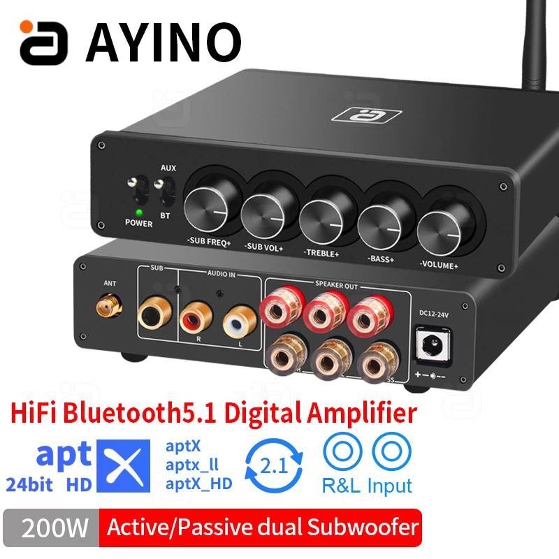 AYINO HF220 aptX HD Bluetooth5.1 AMP TPA3116 2.1 Digital Audio Power Amplifiers 50Wx2+100W Active and Passive Double Bass Output