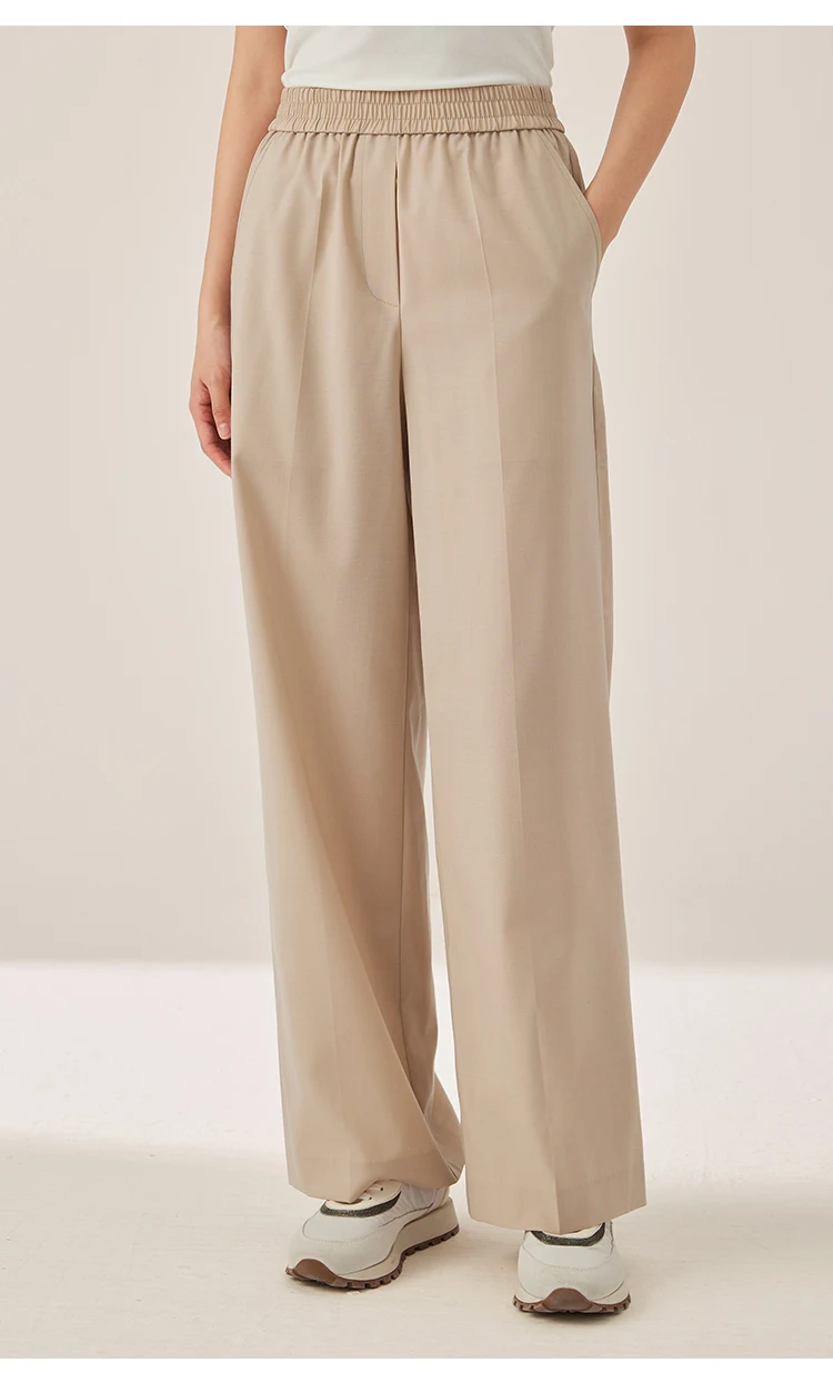 KX7523423 Damenhose mit weitem Bein aus Wollmischgewebe, lässige Hose mit elastischem Bund und Taschen – Detail 3