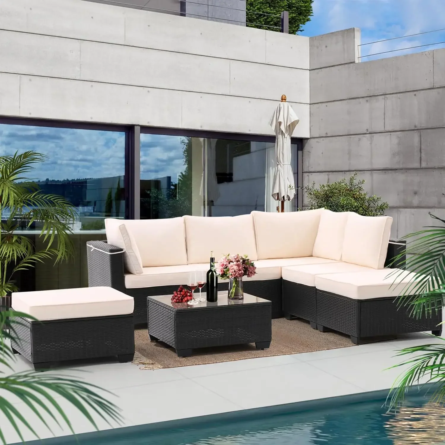 Outdoor Patio Furniture Set, All-Weather Rattan Sectional Sofa Wicker Conversation Set with Cushionfor Garden, Backyard,Poolside