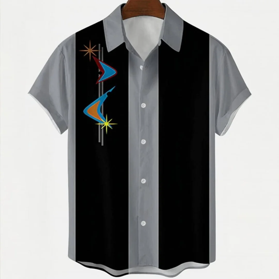 Solid Color Shirt Men's Outdoor Summer Casual Fashion Short Sleeve Tops Shirt Striped Printed Style LargeSize Loose Men Clothing