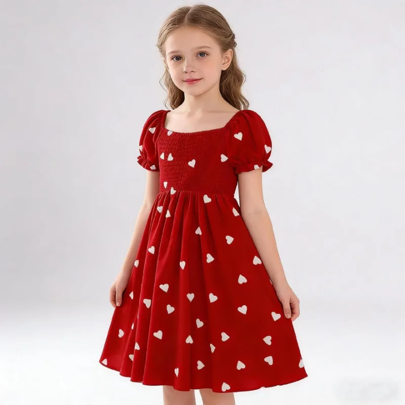 

2026 New Heart Printing Bubble Sleeves Sweet Girls Dress Fashion European and American Children Big Flowers Dress